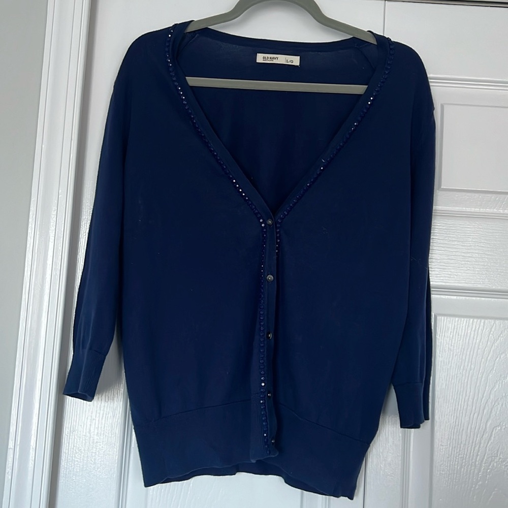 Old Navy Blue V-Neck Cardigan with Beaded Trim Size L
